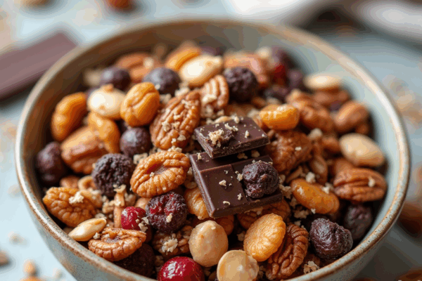 Trail mix bowl with nuts, seeds, dried fruits, and dark chocolate pieces