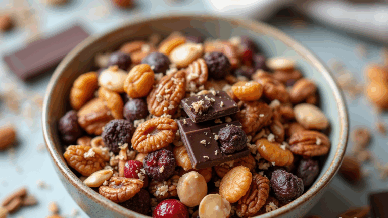 Trail mix bowl with nuts, seeds, dried fruits, and dark chocolate pieces