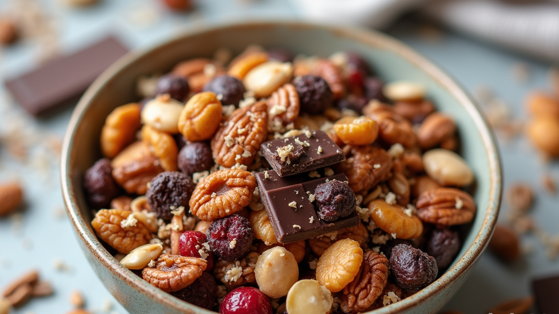 Trail mix bowl with nuts, seeds, dried fruits, and dark chocolate pieces