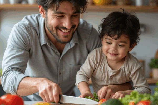 A Latino father and child chopping vegetables together in a kitchen, smiling. The background includes fresh produce like tomatoes, avocados, and peppers, symbolizing healthy family meals.