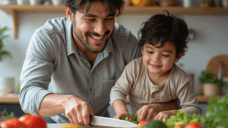 A Latino father and child chopping vegetables together in a kitchen, smiling. The background includes fresh produce like tomatoes, avocados, and peppers, symbolizing healthy family meals.