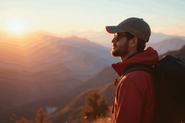 A backpacker using sunglasses as a filter while photographing a mountain landscape at sunrise