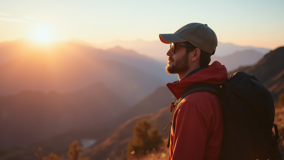 A backpacker using sunglasses as a filter while photographing a mountain landscape at sunrise