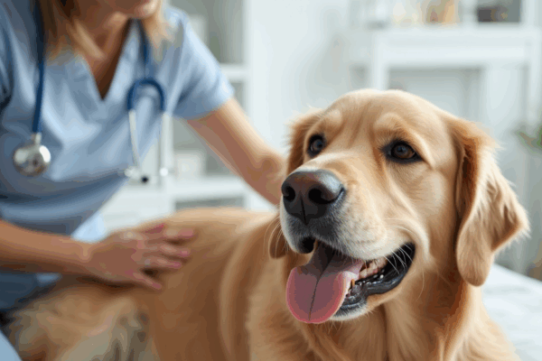 Golden Retriever receiving acupuncture from a certified pet therapist in a modern clinic