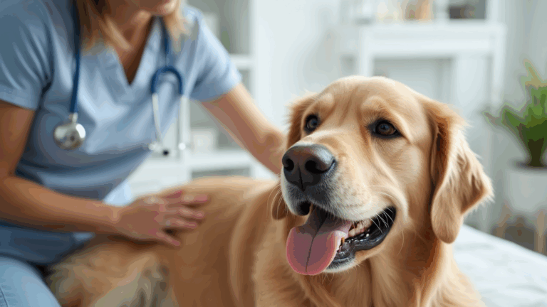 Golden Retriever receiving acupuncture from a certified pet therapist in a modern clinic