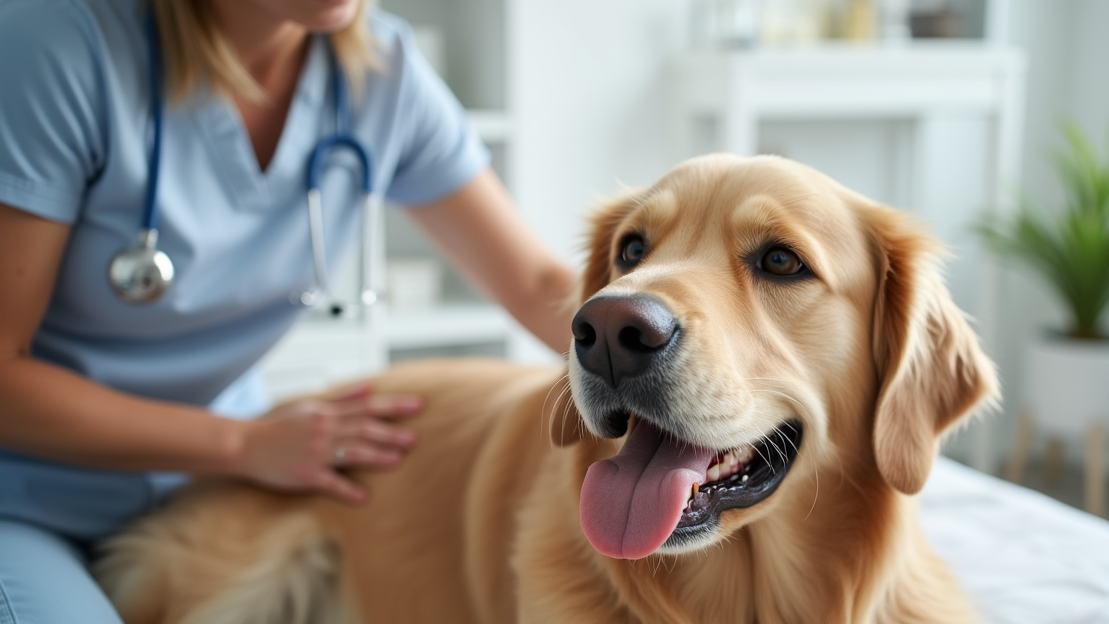 Golden Retriever receiving acupuncture from a certified pet therapist in a modern clinic