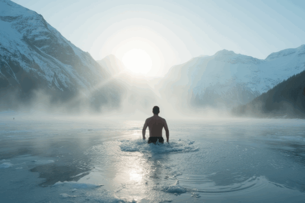A lone swimmer breaks through the icy surface of a misty alpine lake at sunrise, surrounded by snow-dusted mountains. The contrast of human resilience against the raw power of nature captures the essence of wild swimming’s allure and risks.