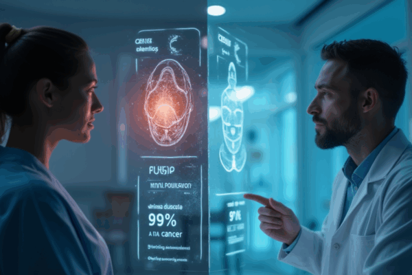 Left side: A glowing AI interface displaying a medical scan with '99% Cancer Probability' in bold, overlaid on a hospital backdrop. Right side: A concerned patient in a clinic, listening to a doctor explain the same scan results. Central tension: A translucent barrier between the two sides, symbolizing the trust divide.