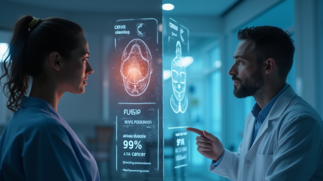 Left side: A glowing AI interface displaying a medical scan with '99% Cancer Probability' in bold, overlaid on a hospital backdrop. Right side: A concerned patient in a clinic, listening to a doctor explain the same scan results. Central tension: A translucent barrier between the two sides, symbolizing the trust divide.