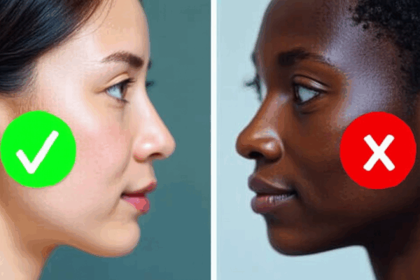 Side-by-side dermatology images: An AI correctly diagnosing a rash on pale skin (green checkmark) vs. mislabeling the same rash on dark skin (red X).