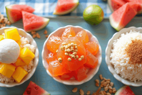 Centerpiece: A bowl of Sichuan Chili Ice Jelly (translucent jelly drizzled with chili oil & crushed peanuts) Left: Thai Mango Sticky Rice (golden mango + coconut rice + ice cream scoop) Right: Korean Bingsu with Injeolmi (fluffy milk ice + soybean powder + chewy rice cakes) Background accents: Fresh watermelon slices, lychees, and limes on a crisp blue/white tablecloth with wooden accents