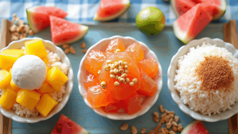 Centerpiece: A bowl of Sichuan Chili Ice Jelly (translucent jelly drizzled with chili oil & crushed peanuts) Left: Thai Mango Sticky Rice (golden mango + coconut rice + ice cream scoop) Right: Korean Bingsu with Injeolmi (fluffy milk ice + soybean powder + chewy rice cakes) Background accents: Fresh watermelon slices, lychees, and limes on a crisp blue/white tablecloth with wooden accents