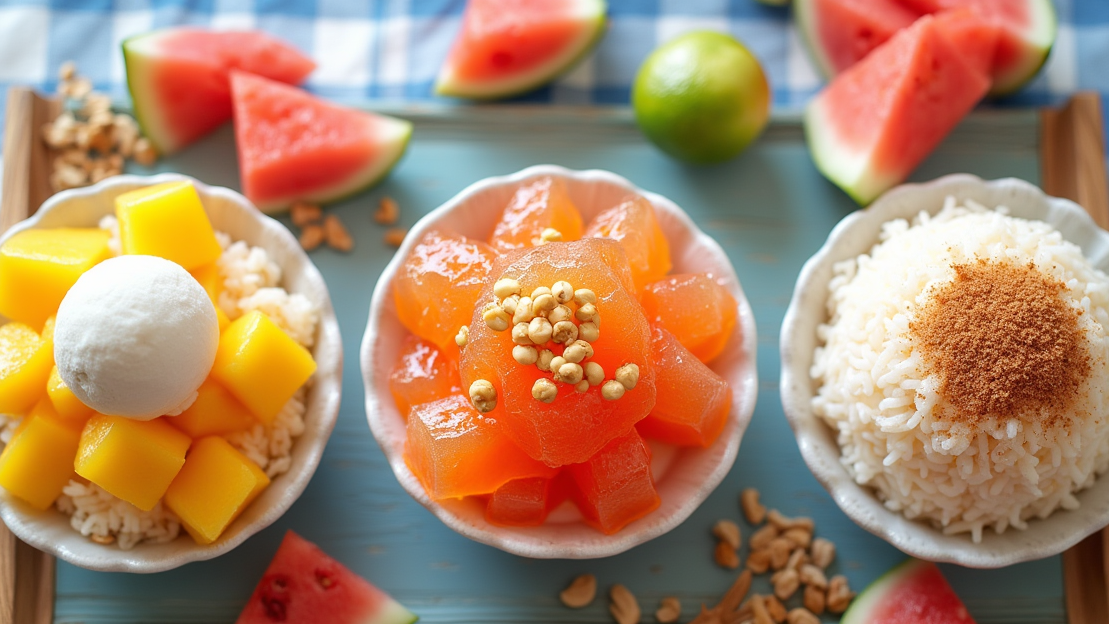 Centerpiece: A bowl of Sichuan Chili Ice Jelly (translucent jelly drizzled with chili oil & crushed peanuts) Left: Thai Mango Sticky Rice (golden mango + coconut rice + ice cream scoop) Right: Korean Bingsu with Injeolmi (fluffy milk ice + soybean powder + chewy rice cakes) Background accents: Fresh watermelon slices, lychees, and limes on a crisp blue/white tablecloth with wooden accents