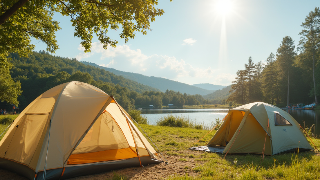A sunny summer campsite comparing a lightweight tarp shelter and a freestanding tent, showcasing their setup, ventilation, and space differences for outdoor enthusiasts.