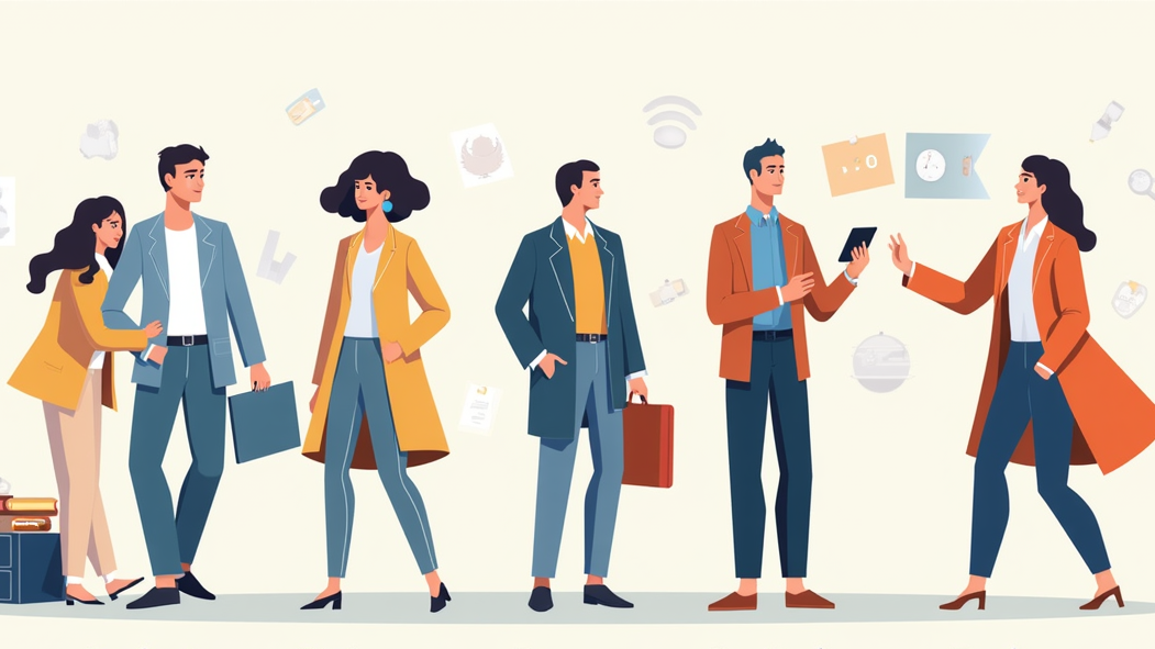 Illustration of the 16 personality types from the MBTI (Myers-Briggs Type Indicator) showing diverse professionals in different work and life settings, representing Analysts, Diplomats, Sentinels, and Explorers.