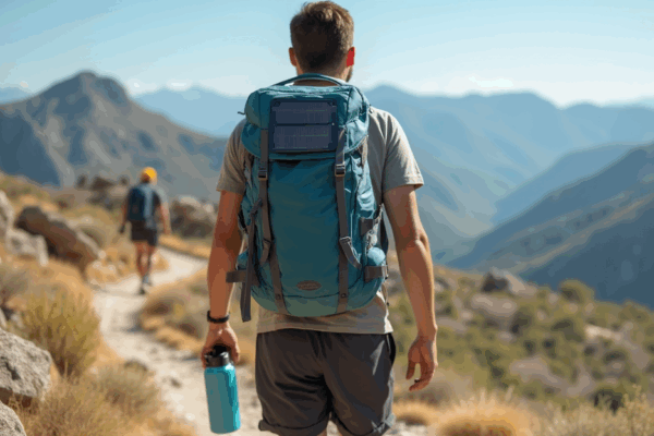 A hiker with a minimalist backpack walks along a rocky mountain trail under clear skies, carrying eco-friendly gear including a solar panel and reusable water bottle.