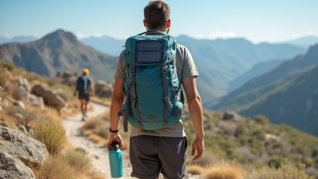A hiker with a minimalist backpack walks along a rocky mountain trail under clear skies, carrying eco-friendly gear including a solar panel and reusable water bottle.