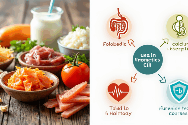 A vibrant and dynamic split-image composition for the health benefits of fermented foods. On the left, a colorful array of popular fermented foods like kimchi, kefir, miso, sauerkraut, and yogurt is beautifully styled on a rustic wooden table, set against a clean, bright background to emphasize their textures and colors. On the right, an illustrative diagram uses simple icons and arrows to visually represent the key health benefits: a gut health icon (colon) linked to a "probiotics" label, a strong bone graphic next to "calcium absorption," an inflammation symbol calming down, and a heart shield for "chronic disease prevention." This side uses a modern, infographic style with minimal text.