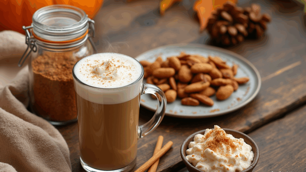 A top-down photograph of a rustic wooden table set for autumn. It features a steaming homemade Pumpkin Spice Latte in a clear mug with whipped cream, a jar of homemade pumpkin spice mix, a plate of pumpkin spice roasted nuts, and a small bowl of pumpkin overnight oats. Cozy fall elements like a blanket and turning leaves are in the background.