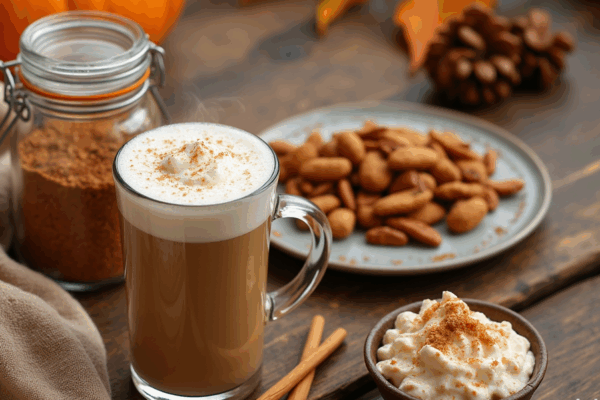 A top-down photograph of a rustic wooden table set for autumn. It features a steaming homemade Pumpkin Spice Latte in a clear mug with whipped cream, a jar of homemade pumpkin spice mix, a plate of pumpkin spice roasted nuts, and a small bowl of pumpkin overnight oats. Cozy fall elements like a blanket and turning leaves are in the background.