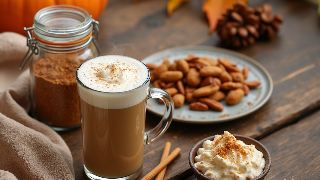 A top-down photograph of a rustic wooden table set for autumn. It features a steaming homemade Pumpkin Spice Latte in a clear mug with whipped cream, a jar of homemade pumpkin spice mix, a plate of pumpkin spice roasted nuts, and a small bowl of pumpkin overnight oats. Cozy fall elements like a blanket and turning leaves are in the background.